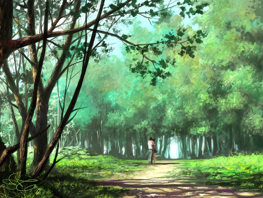 couple, hugs, art, forest, park, love, romance