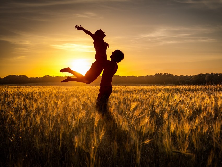 Couple Love Sunset Field Grass Silhouettes Background