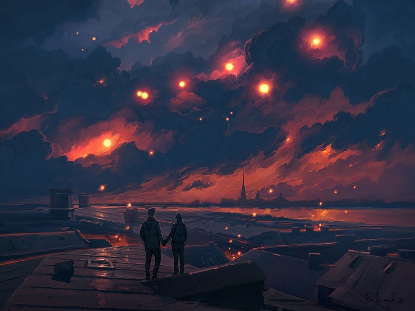 couple, night, art, clouds, romance, love