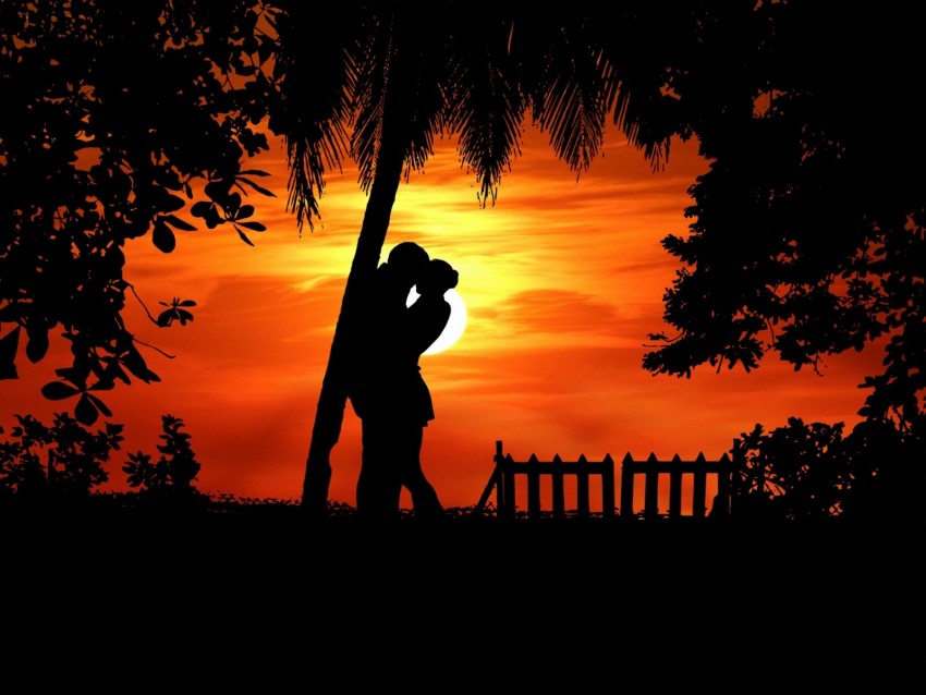 couple, silhouettes, hugs, romance, love, tropics