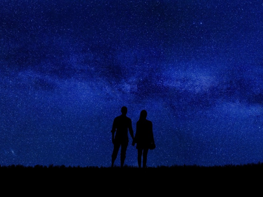 couple, silhouettes, starry sky, romance, night