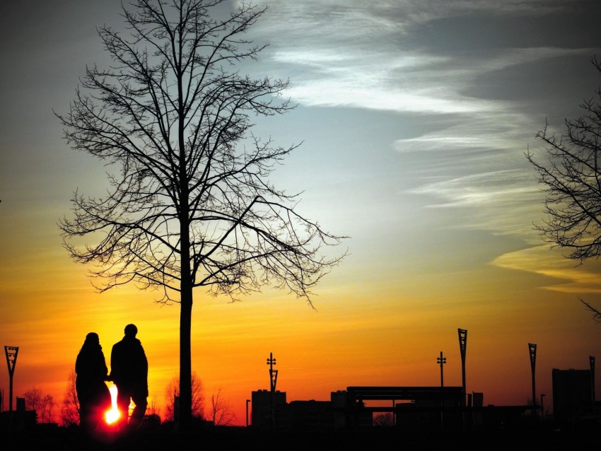 Couple Silhouettes Sunset Walk Tree Background