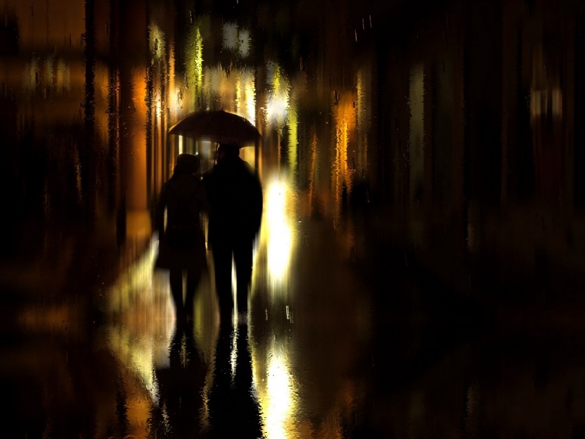 Couple Umbrella Rain Silhouettes Walk Romance Background