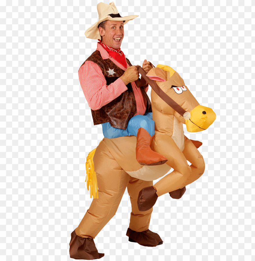 inflatable costume, cowboy outfit, horse costume, western theme, humorous dress, novelty apparel, party costume