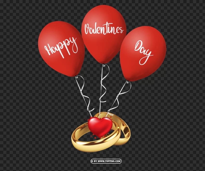 Creative Happy Valentines Day Balloon With Golden Wedding Rings PNG Transparent Background