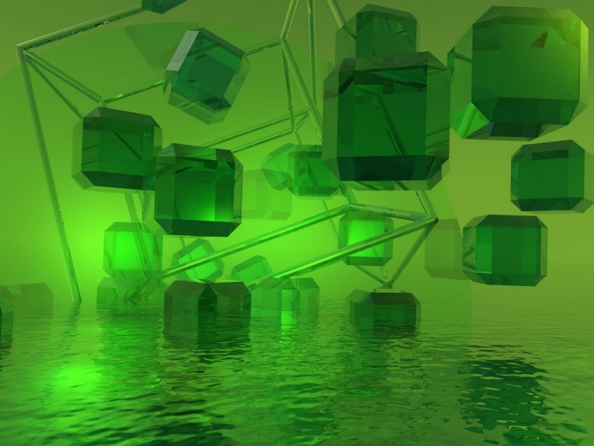 cubes, crystals, 3d, green, water, light