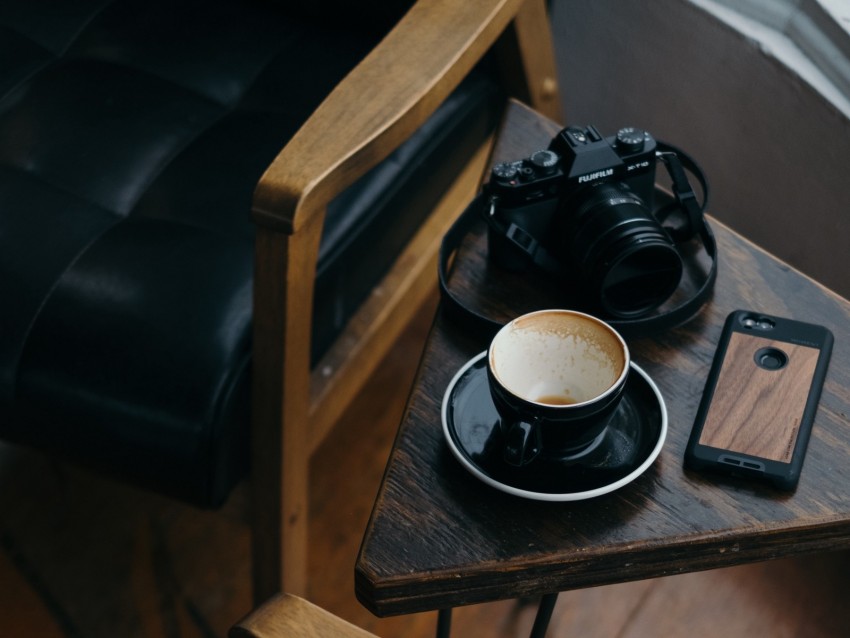 cup, camera, phone, table