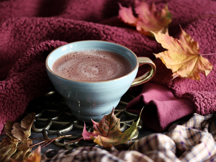 Cup Coffee Comfort Leaves Autumn Foam Background