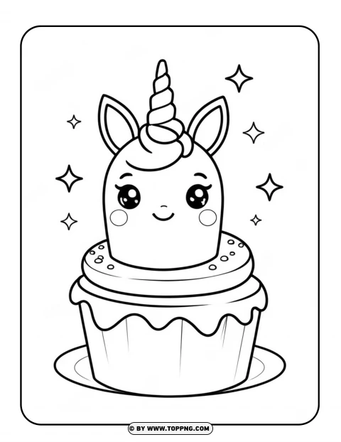 Cupcake With Unicorn Horn Kawaii Coloring Page PNG Transparent Background