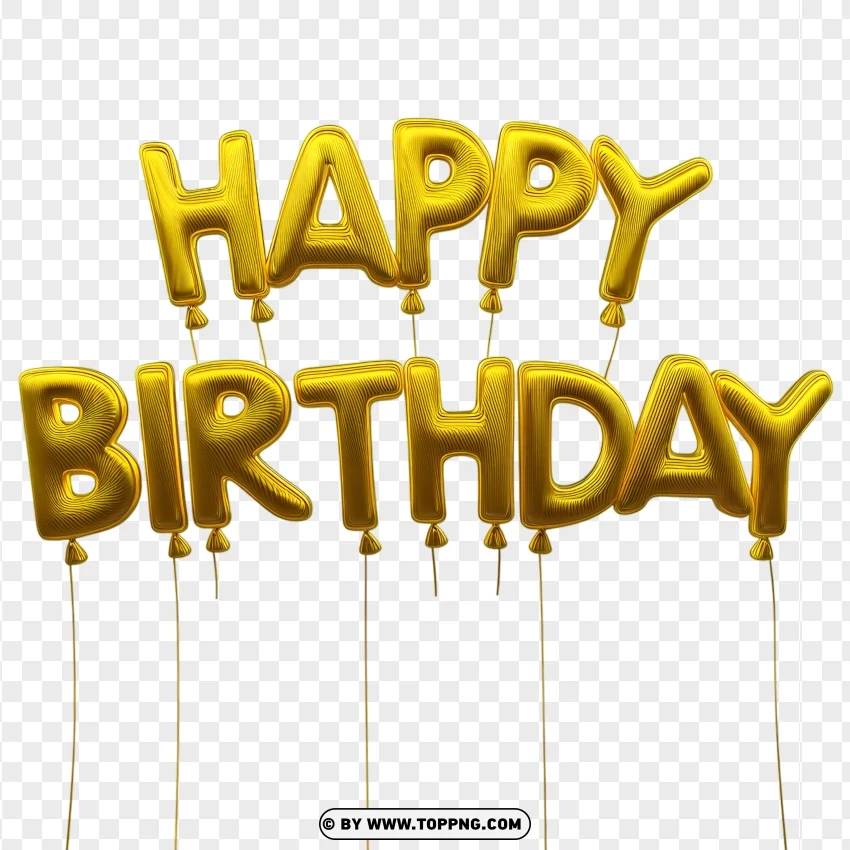 Curved Gold Happy Birthday Balloon Text With Attached Strings PNG Transparent Background