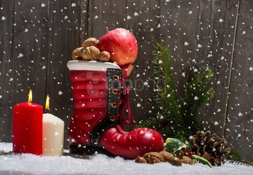 nuts, red apple, snow, cozy boot, pinecones, festive decor, candles