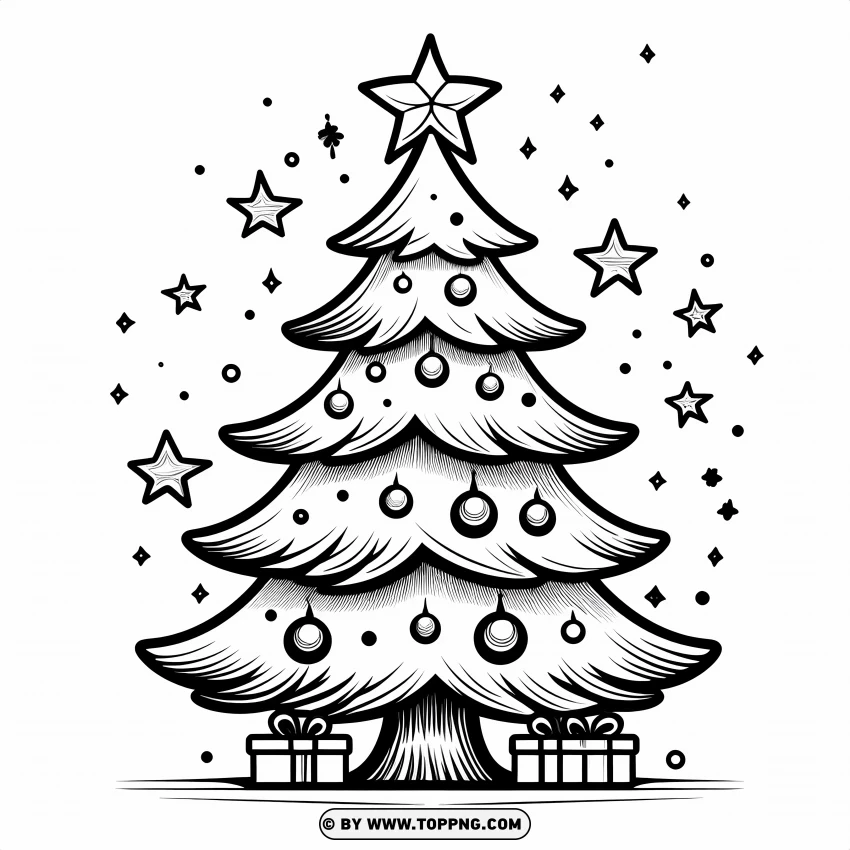 Cute Christmas Tree Cartoon Drawing With Stars And Gifts PNG Transparent Background