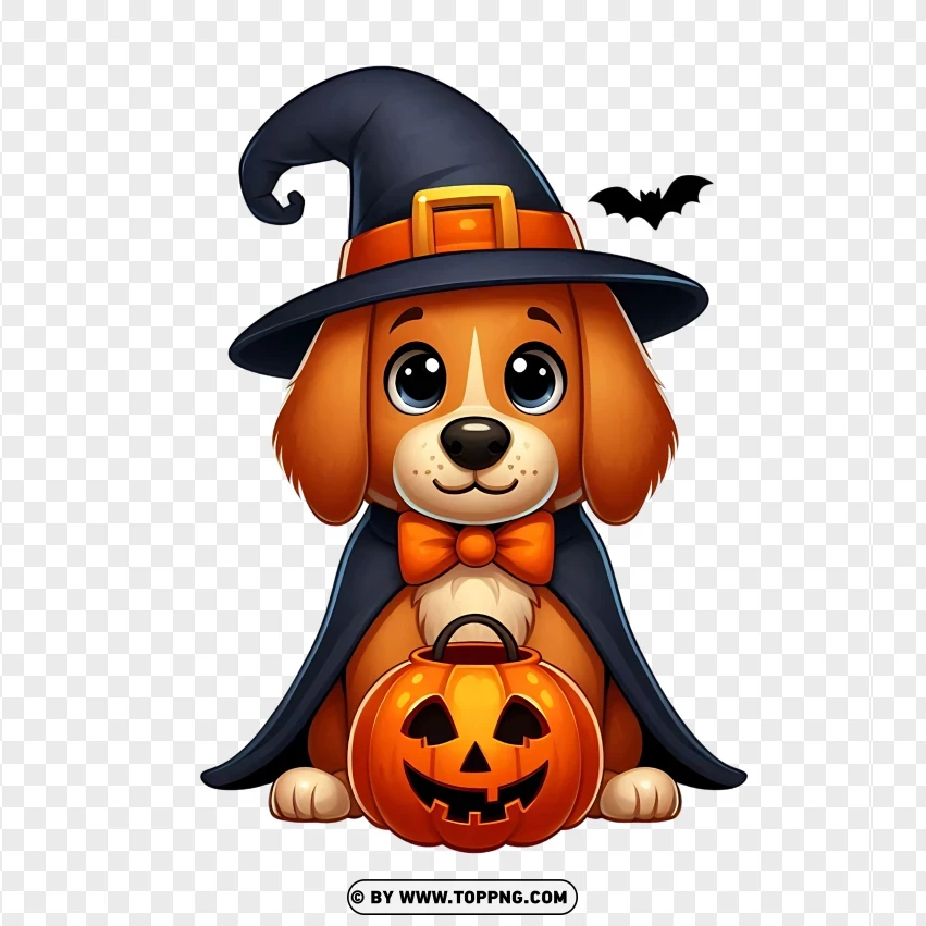 Cute dog wearing a witch hat and black cape, holding a jack-o'-lantern, with a bat flying in the background, on a transparent backdrop