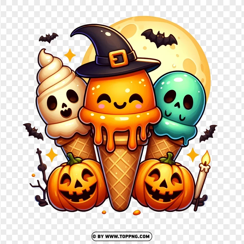 Three Halloween-themed ice cream cones with ghostly faces, one wearing a witch hat, surrounded by jack-o'-lanterns, bats, and a full moon on a transparent background