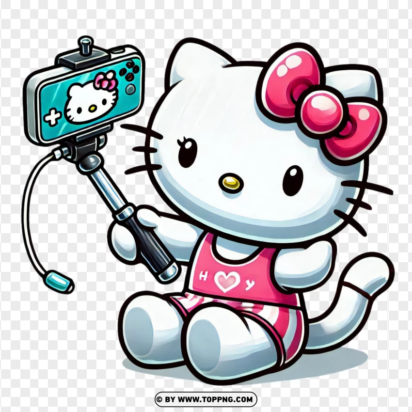 Cute Kitty With Selfie Stick And Phone PNG Transparent Background