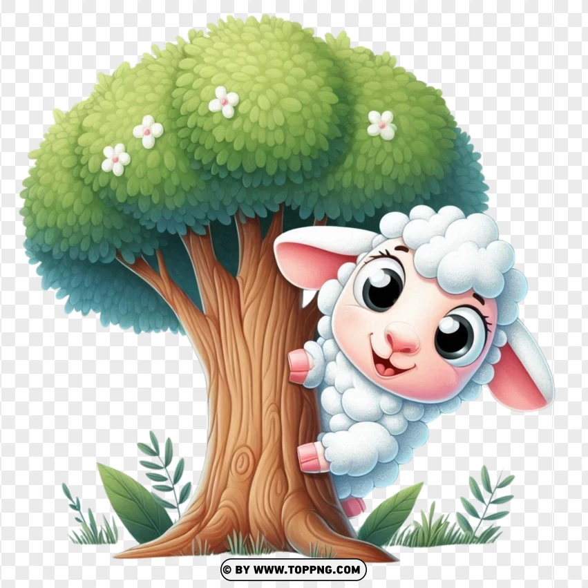 Cute Baby Sheep Peeking From Tree PNG Transparent Background