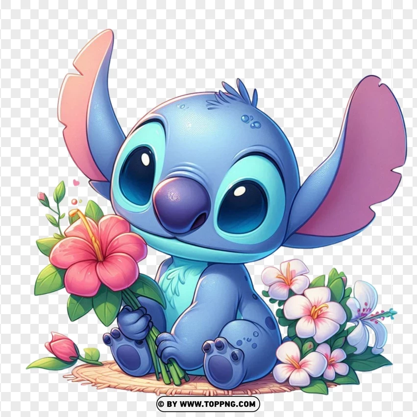 Cute Stitch With Flowers PNG Transparent Background