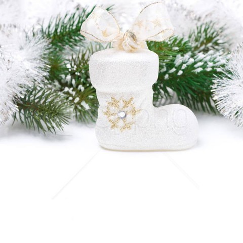 Christmas decoration, white stocking, festive ornament, snowy background, holiday decor, sparkling boot, winter theme