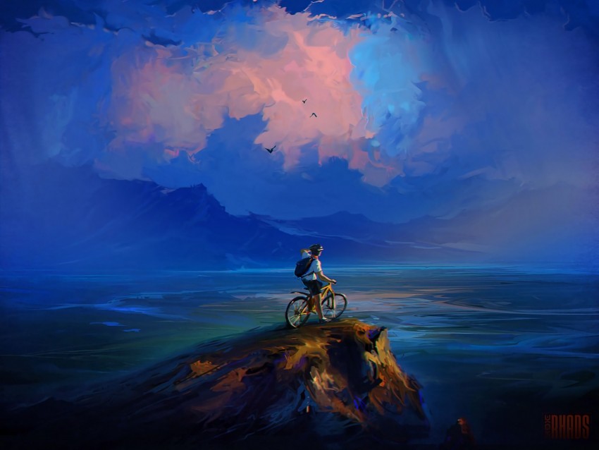 Cyclist Rock Cliff Art Clouds Sea Background