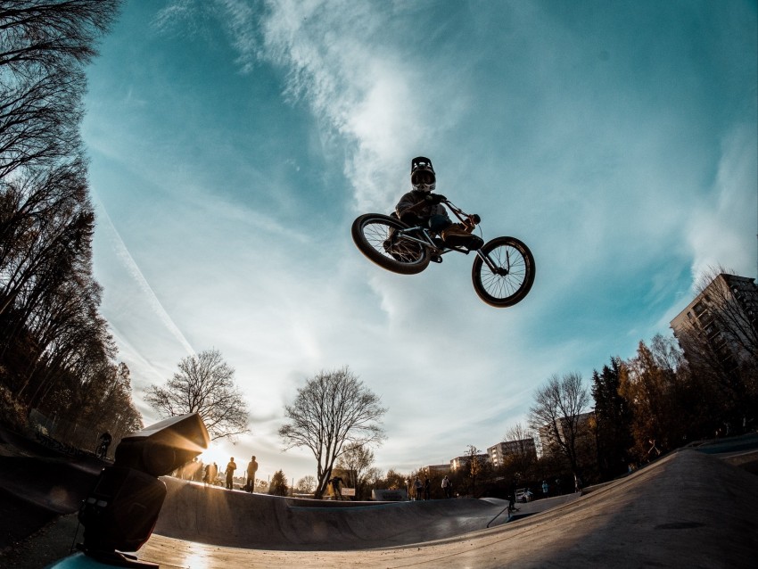 cyclist, trick, bicycle, helmet, sky