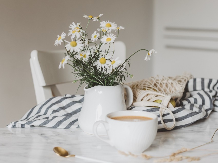 Daisies Bouquet Vase Cup Tea Background