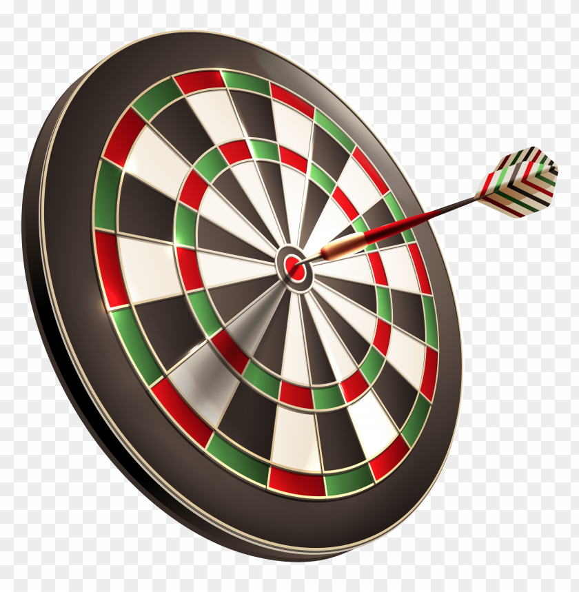 A dartboard with an arrow hitting the bullseye, on a transparent background.