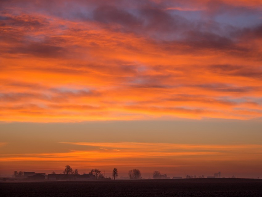 dawn, field, fog, landscape, clouds