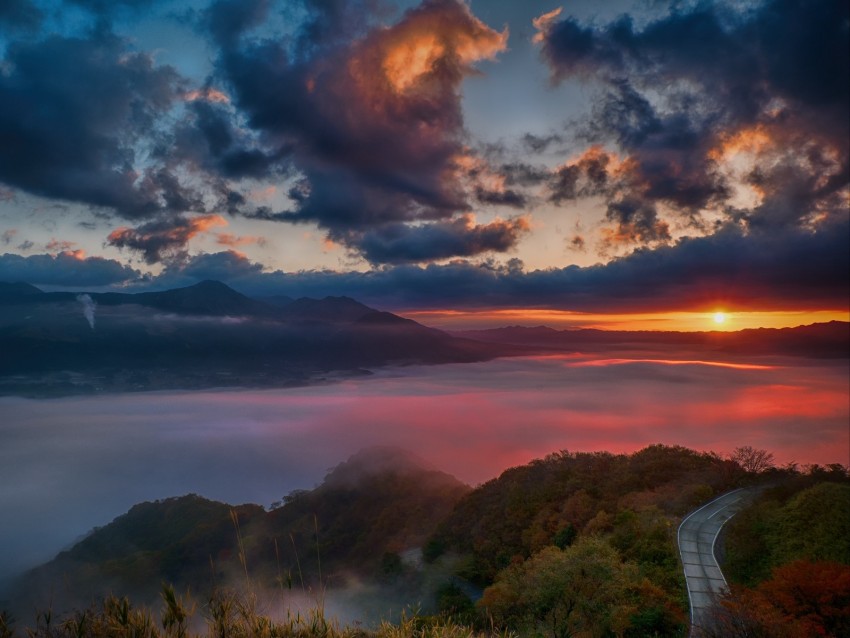 dawn, mountains, horizon, clouds, sunlight, road