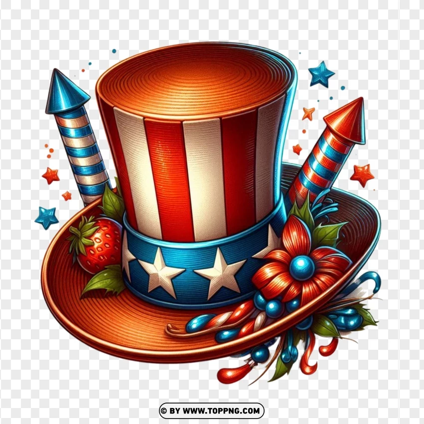 Decorative 4th Of July Hat With Fireworks And Rockets PNG Transparent Background