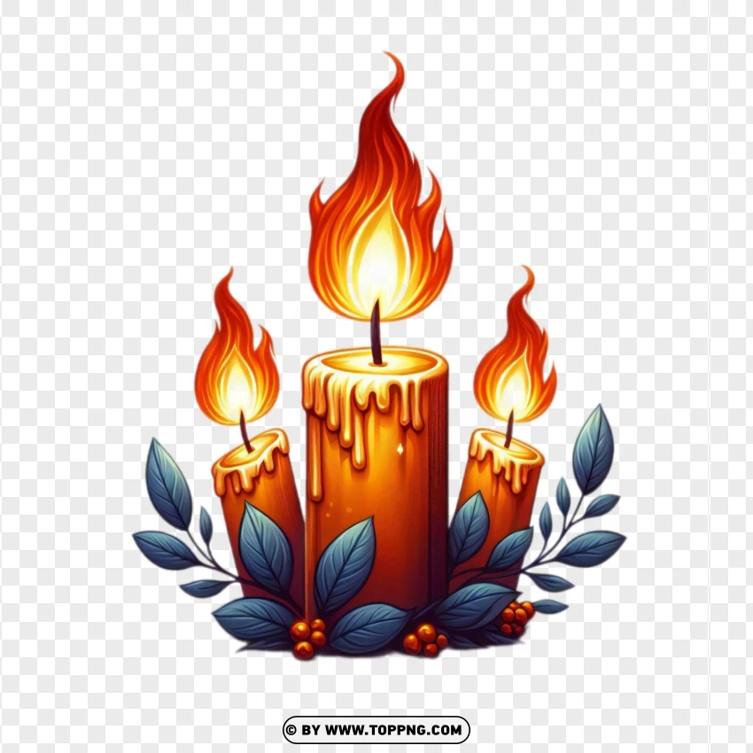 Decorative candle with fire flame surrounded by floral elements, PNG image with transparent background