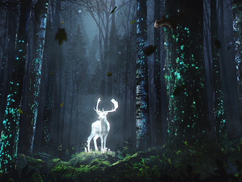 deer, forest, night, glow, art, grass, trees