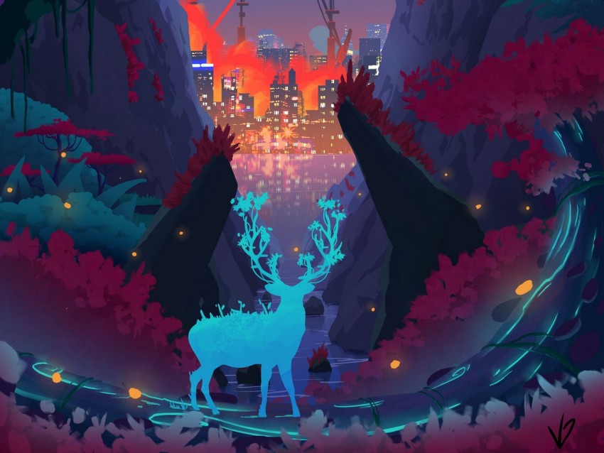 Deer Mutant Art Future City Nature Background