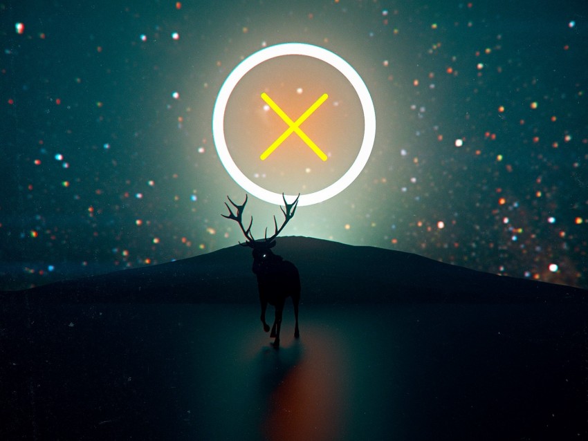 deer, neon, circle, glare, light, art