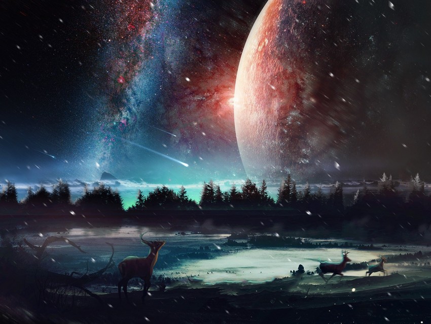 deer, planet, art, space, stars