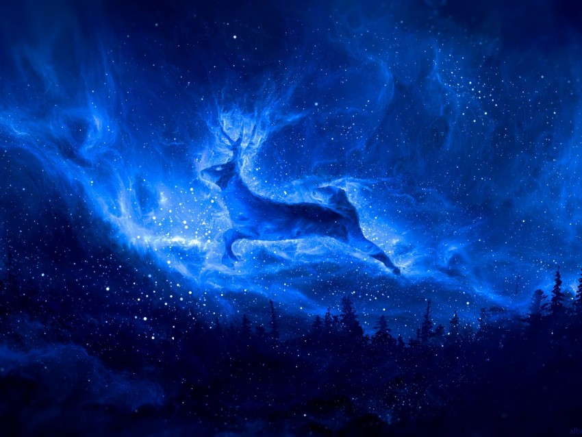 deer, silhouette, starry sky, art, fantasy