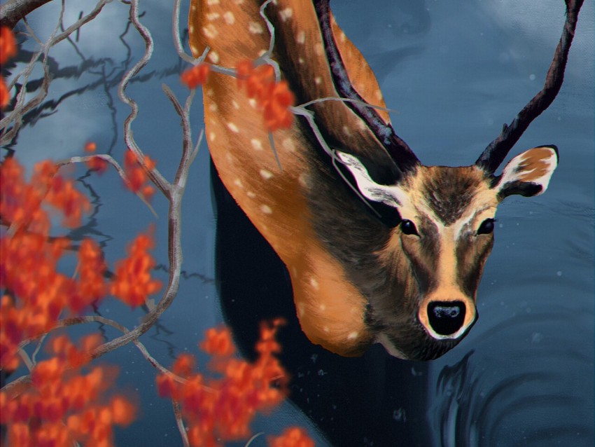 deer, water, branches, art, wildlife