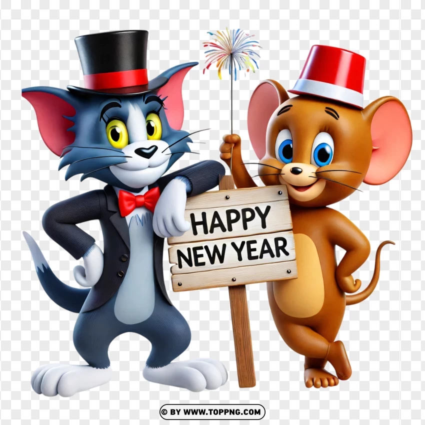 Tom And Jerry Celebrating New Year With Party Hats PNG Transparent Background