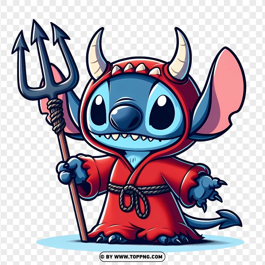 Stitch character dressed in a red devil costume holding a trident, with horns and a spooky Halloween look on a transparent background