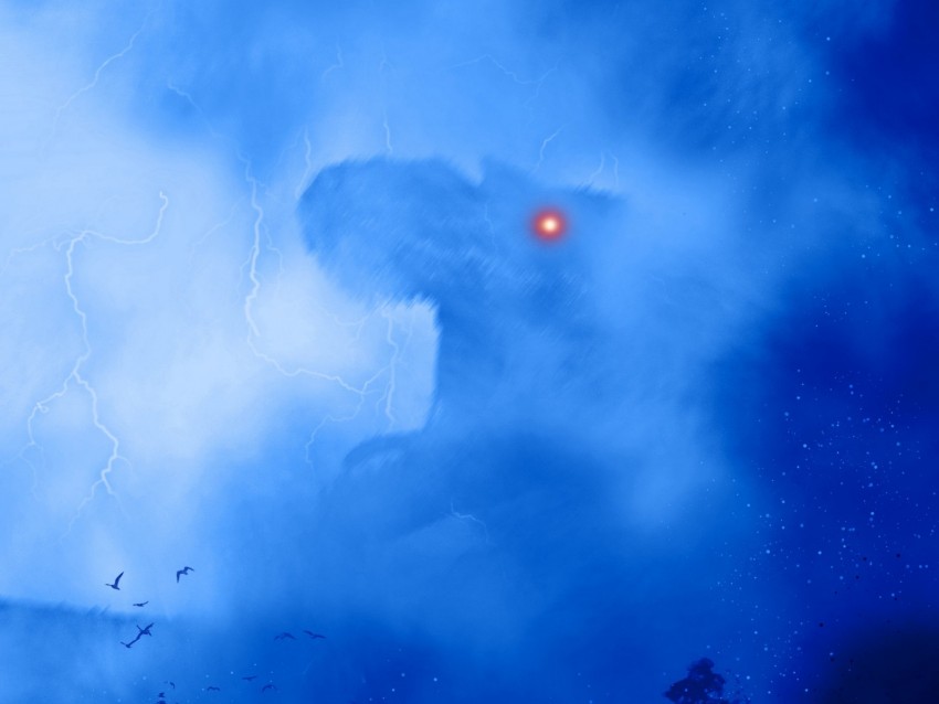 dinosaur, monster, silhouette, art, fog, lightning