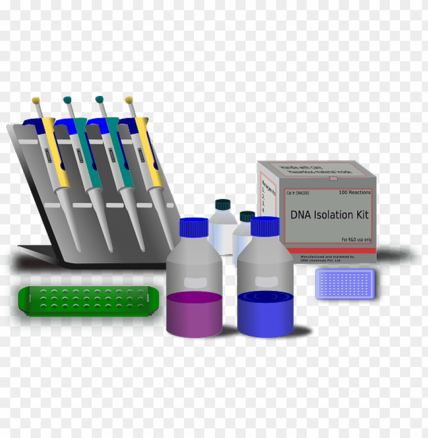 DNA isolation kit, laboratory equipment, molecular biology, pipettes, reagent bottles