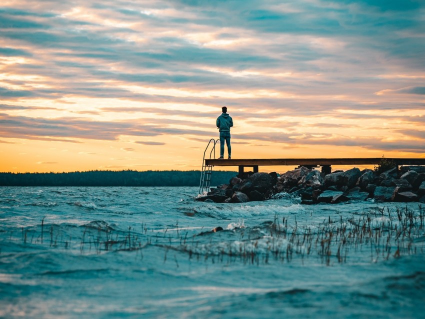 dock, pier, loneliness, lake, man, snow