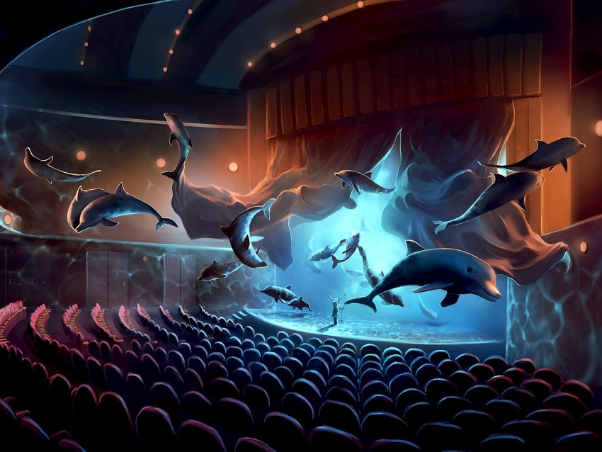 dolphins, concert, surrealism, musician