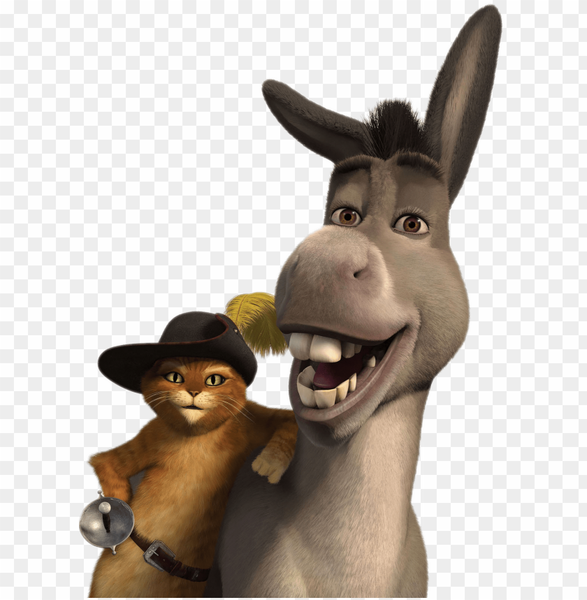 Puss in Boots and Donkey from Shrek smiling together PNG