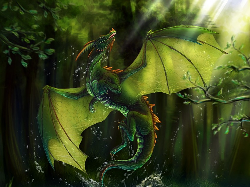 dragon, lake, forest, water, art