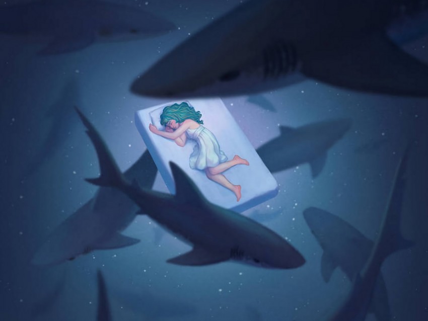 dream, underwater world, sharks, girl, art