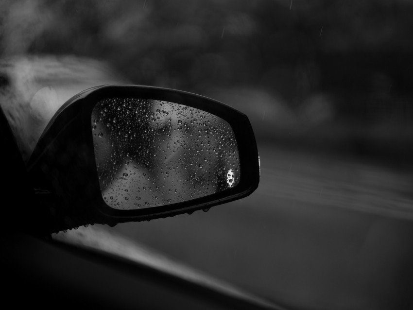 drops, glass, bw, mirror, car