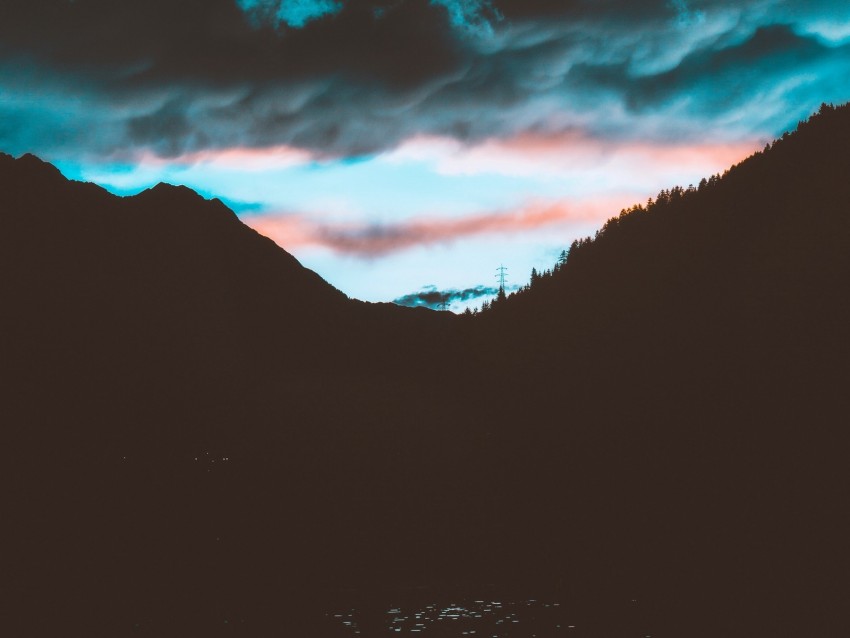 dusk, dark, landscape, mountains, water