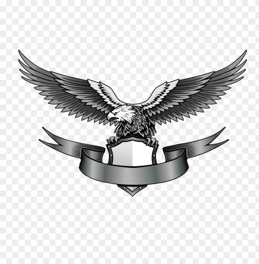 Eagle emblem with wings, shield, and ribbon in black and white desi PNG