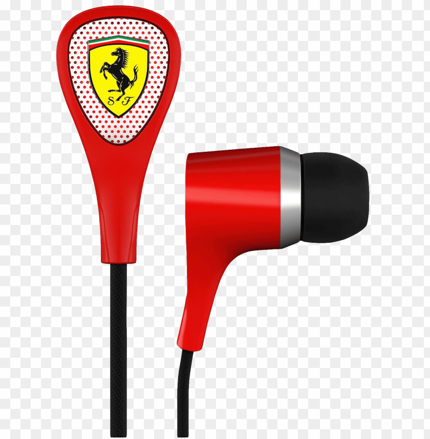 Red earbuds with Ferrari logo on a transparent background.