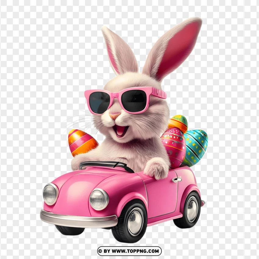 Easter bunny, bunny with sunglasses, pink car, colorful Easter eggs, cute bunny, Easter celebration, fun Easter bunny